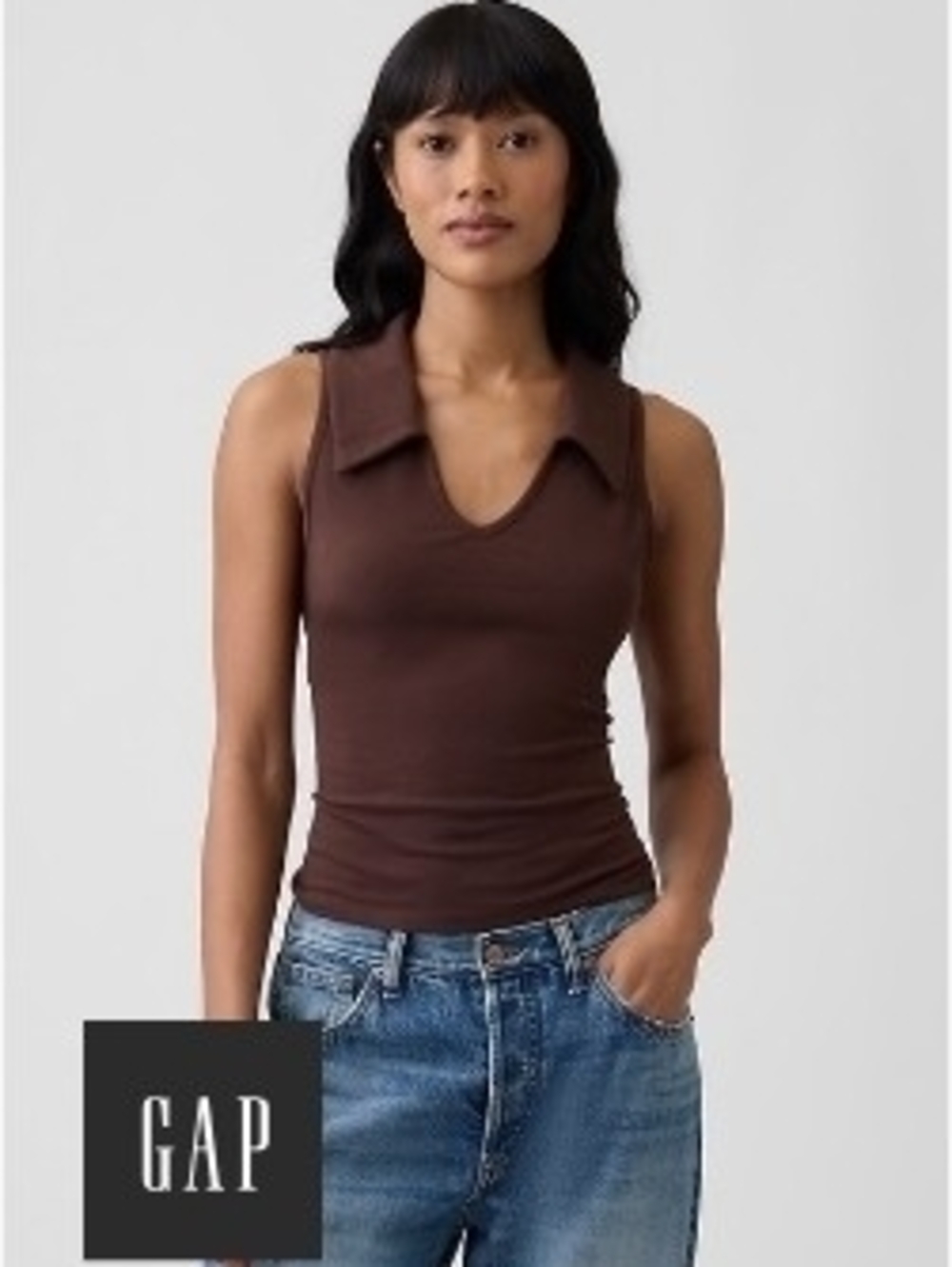 GAP Factory Brown Sleeveless Collared V-Neck Ribbed Cotton Tank